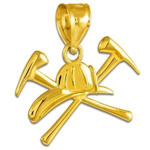 14K Solid Gold Firefighter Axes & Helmet Pendant _  Yellow, Or White